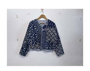 Bridesmaid Indigo Print Jacket - Reversible Indigo Blue Kantha Quilt Jacket - Bohemian Comfortable Patchwork Kantha - Product Image 1