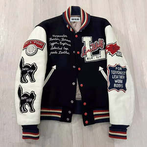 Veste universitaire noire pour homme avec manches blanches, lettres brodées et patchs animaux, boutonnée, streetwear, vêtements d'extérieur pour l'automne - Product Image 1