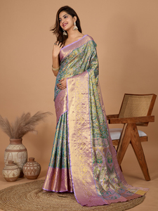 Presentación transpirable 100% acrílico KANJIVARAM Sarees Semi Silk Jari Weaved Rich Pallu para todos los colores para grandes bodas indias - Product Image 1