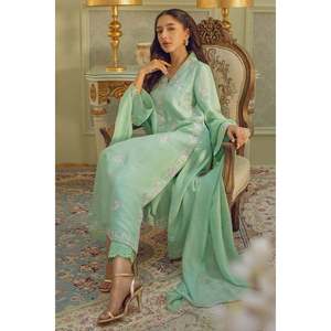 Ensemble chemise et dupatta en satin rose menthe - Product Image 4