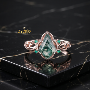 Anillo de Ágata Musgosa con Corte de Pera, Oro Sólido de 14K, Anillo de Compromiso con Acento de Esmeralda, Anillo Nupcial Vintage Inspirado en la Naturaleza - Product Image 2