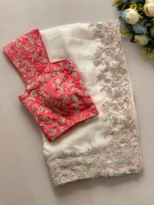 Pure Tabby <b>organza</b> <b>silk</b> with Multi thread embroidery work Modern Saree Perfect for parties and prom functions - Product Image 3