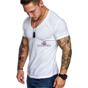 เสื้อยืดผู้ชาย,เสื้อยืดลำลองแฟชั่นใหม่สีพื้นคอวีเสื้อกีฬาฟิตเนส - Product Image 1