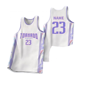 Camiseta de Baloncesto Tornado Esport Blanca y Morada Sublimada, Unisex para Adultos, de Secado Rápido, sin Mangas, Ropa Deportiva - Product Image 1