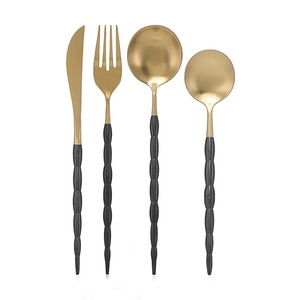 New Stainless Steel <b>Gold</b> Plated <b>Cutlery</b> Set <b>Black</b> Ceramic Bamboo Look Handle Stainless Steel <b>Cutlery</b> Set for Gift Factory - Product Image 1