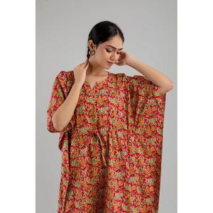 Free Size Red Floral Print Pure Cotton <b>Kaftan</b> Maxi Ethnic Dress Elegant <b>Summer</b> Beach ODM/OEM Service-SHKUP1243 - Product Image 4