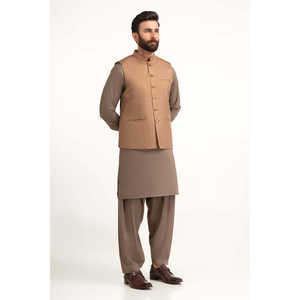 Chaleco Básico para Hombre, Color Marrón Caramelo, Corte Regular, Estilo Casual Elegante, Resistente al Viento, con Botones, de Lona, Poliéster, Tejido, para Verano - Product Image 3