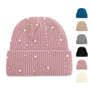Bonnet en tricot côtelé en acrylique pour femme, couleur unie, chaud et épais pour l'hiver, avec perles - Product Image 2