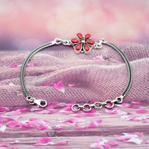 Pulsera fina de Plata de Ley 925 hecha a mano con piedras preciosas de coral natural Artículo de regalo para mujeres y niñas - Product Image 1