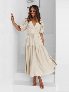 Vestido largo de estilo bohemio de Color sólido para mujer, nuevo diseño 100%, tela de rayón, cuello en V, vestido informal para mujer, cintura Natural tejida - Product Image 3