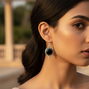 Boucles d'oreilles en argent sterling 925 pour femmes, onyx noir, vintage à tendance, plaqué or avec diamant et rubis pour un usage quotidien - Product Image 2