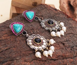 <b>Turquoise</b> Pearl Dangle <b>Earrings</b> Handmade Oxidized Silver Gift for her - Product Image 3