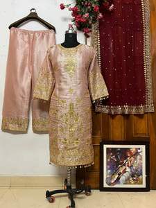 Designer indien porter de qualité supérieure Jimmi Chhoo Georgette séquence lourde brodé et dentelle travail haut et Palazzo avec Dupatta - Product Image 5