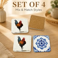 Ensemble de sous-verres imprimés en liège naturel carré avec motif coq et mandala, absorbants, pour tasses et tables, OEM ODM Vente en gros