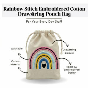 Organic Cotton <b>Drawstring</b> <b>Pouch</b> Bag with Rainbow Embroidery Screen Printed for Bracelets Watches Crafts or Promotions - Product Image 3