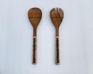 Indian Handmade <b>Salad</b> <b>Server</b> Set With Hand Woven Wicker Handle <b>Wooden</b> Cutlery Set Spoon Fork <b>Salad</b> Set Rattan Handle <b>Salad</b> Tools - Product Image 4
