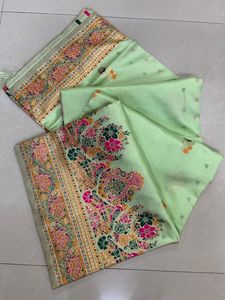 Sari Pasmeena avec un lourd travail de tissage Jari, plusieurs couleurs, pur Georgette Dhwaja, exporté du Gujarat - Product Image 3