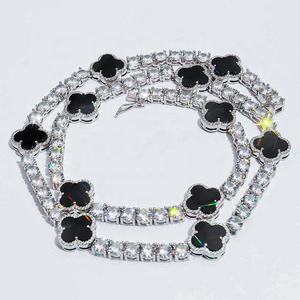 Cadena de tenis de trébol de plata 925 chapada en rodio con diamantes rellenos que pasan la prueba del diamante, joyería fina de Hip Hop para hombres y mujeres - Product Image 1