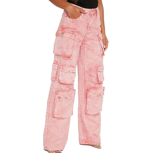 Pantalones de pierna ancha clásicos con múltiples bolsillos de Color rosa claro de buena calidad, pantalones vaqueros de mujer, pantalones Cargo transpirables, pantalones vaqueros OEM para mujer - Product Image 2