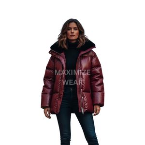 แจ็กเก็ตหนังแบบพองสำหรับผู้หญิงสำหรับฤดูหนาวแจ็กเก็ตขนเป็ดหนังออกแบบโลโก้ได้ตามต้องการ - Product Image 3