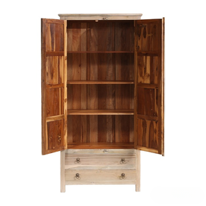 Modern Solid Teak Wood Handcarved Two Tone Storage Cabinet Armoire Wardrobe <b>Shelves</b> Two <b>Drawers</b> Bedroom Apartment Hotel - Product Image 5