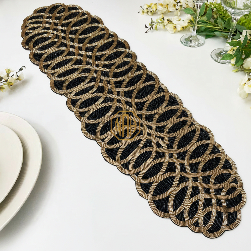 Beaded Table Runner, Black and Beige,