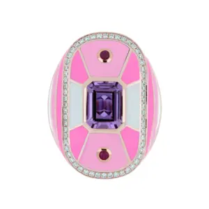 Fine Jewelry 14K Solid Gold Pink Enamel Amethyst Ruby Diamond Studded Ring for Women