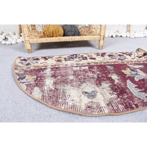 Turkish Vintage Round Rug 2.5x1.5 ft, <b>Red</b> Camouflage Rug <b>Wool</b> - Product Image 4