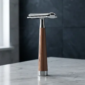 Rasoir de sécurité à double lame en acier inoxydable avec manche en bois Morgans Industries pour hommes, rasage du visage, non jetable - Product Image 1