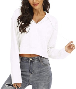 Womens Cropped Hoodies Long <b>Sleeve</b> Crop <b>Top</b> Deep V Neck Sweatshirt Pullover Vneck Crop Hoodie - Product Image 5