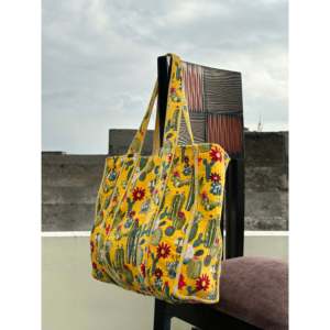 <b>Yellow</b> Corduroy Tote <b>Bag</b> with Cactus Embroidery Bohemian Style Summer Zipper Closure Cotton Lining Open Top Design - Product Image 1