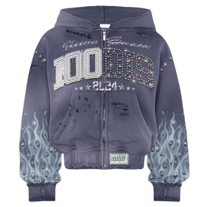 Sudaderas Extra Grandes con Logotipo Personalizado para Hombre, Sudaderas con Cierre y Lavado Ácido, Sudaderas con Estampado de Pantalla y Pedrería - Product Image 1