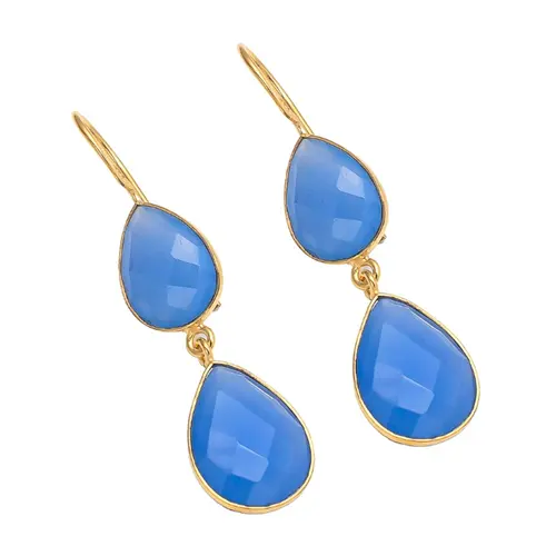 Exclusivo azul claro Calcedonia joyería chapado en oro plata esterlina 925 forma de pera pendientes de piedras preciosas