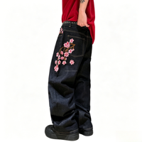 Jeans vintage noirs délavés pour hommes, coupe large, style streetwear, pantalon baggy avec broderies