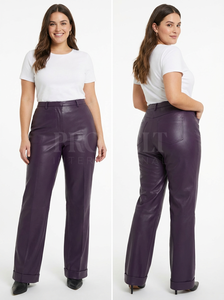 High Quality Custom Embroidery Logo Leather <b>Trousers</b> Women High Waist <b>Belt</b> Loop Concealed Front Fastening Fashion Leather Pants - Product Image 6