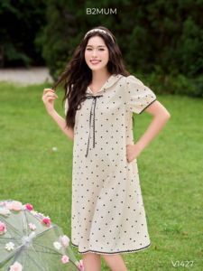 V1427 Vestido de maternidad de lunares de color crema Tela de sarga de LICRA transpirable suave Colección de verano Precio al por mayor - Product Image 3