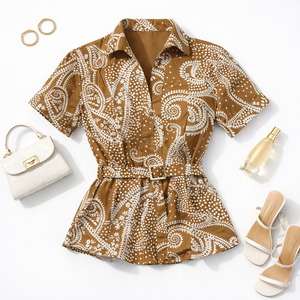 Camisa estampada de algodón Cuello básico Patrón sólido Botón frontal Pin Tucks Estilo dulce Peso ligero Mangas completas Bandas de puño de 3 cm - Product Image 1