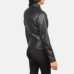 Chaqueta de Cuero Genuino Negra para Mujer, Cuello Camisero, Cierre de Cremallera, Bolsillos en el Pecho, Chaqueta de Motera de Piel de Oveja, Prenda Exterior Clásica Informal Personalizada - Product Image 5
