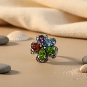 Art Palace 925 Silver Flower Cocktail <b>Ring</b> with Oval Cut Natural Stone Multi <b>Gemstones</b> for Women Vintage Style Gift - Product Image 1