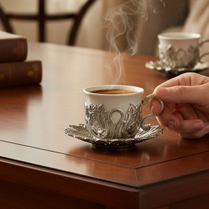 Ensemble de 6 tasses et soucoupes en fonte vintage, comprenant 6 tasses en métal et 6 soucoupes, idéal pour les cafés et les salons de thé - Product Image 1