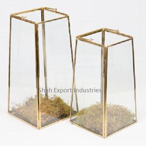 Lanterne à bougie géométrique en laiton et verre pour mariage et Noël Lanterne à bougie décorative en or avec poignée - Product Image 5