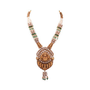 Divine Abode Gajaah 925 <b>Silver</b> Goddess Lakshmi Nakshi Temple <b>Necklace</b> With Polki Emeralds <b>Pearls</b> Traditional Bridal Jewellery - Product Image 3