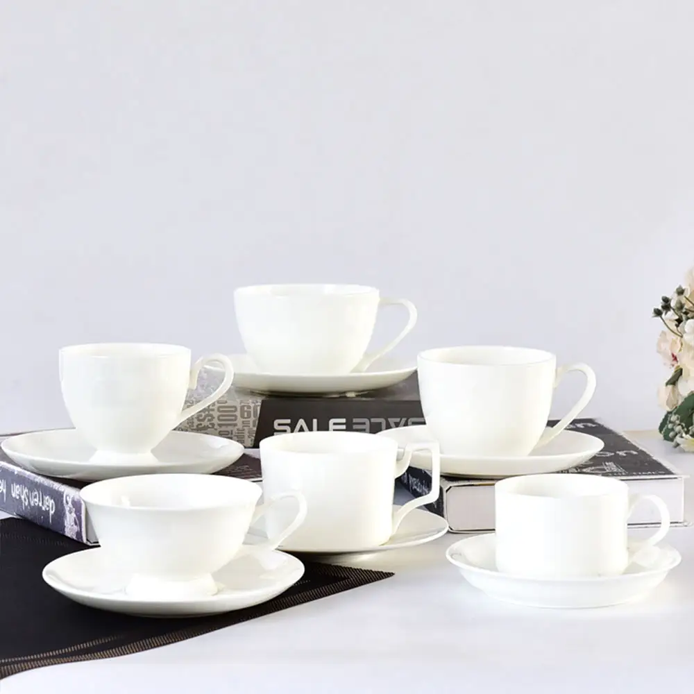 Wholesale Bone China Coffee Cup And Saucer Set European Simple Ceramic Mugs Pure White Tea Cup With Logo