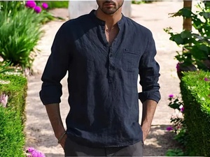 Camisa de lino de algodón 100% para hombre, manga larga con botones de cuello, camisetas de lino de color sólido antiarrugas/camisas de vestir - Product Image 3