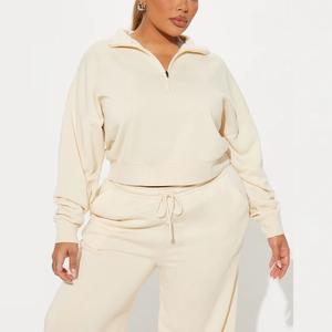 Ensemble de shorts pour femmes en molleton de qualité supérieure, décontracté, d'hiver, demi-zip, col en V, manches courtes, 100% coton, séchage rapide - Product Image 2