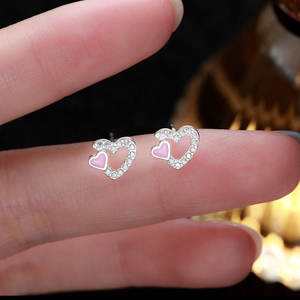 Pendientes de Plata de Ley 925 con Doble Corazón y Circonitas Cúbicas, Joyería Diaria Dulce - Product Image 3