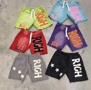 Pantalones cortos de algodón vintage personalizados para hombre, tinte solar que se desvanece, corte de sudor, borde, apliques desgastados, bordado, estampado de hojaldre, cintura media - Product Image 3