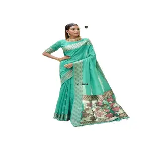 Premium Linen Silk Saree with sequence and color full zari weaves Saree Wedding Wear Party Wear Saree From India