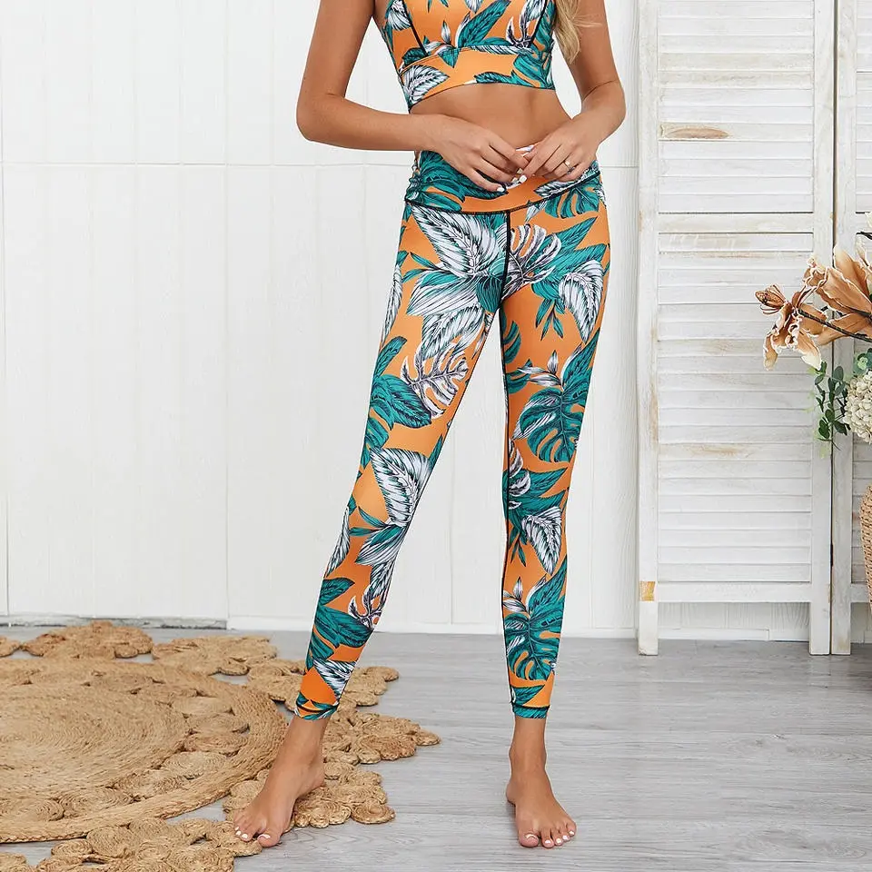 Custom Soft Digital Printed Monstera Leaves Gym Leggings Palm Leaf Sublimation Slim vita alta Sexy Yoga Pants Leggins Fitness