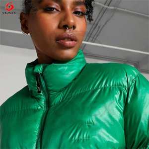 2024 chaqueta acolchada de algodón acolchada con cremallera informal con logotipo personalizado para mujer, diseño con capucha, cintas, ropa de punto, Abrigo acolchado brillante - Product Image 3